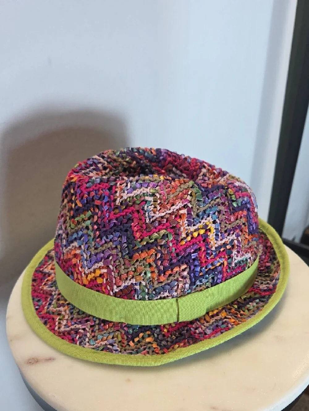 Danielle Meucci Multicolor Crochet Fedora Hat with Lime Trim